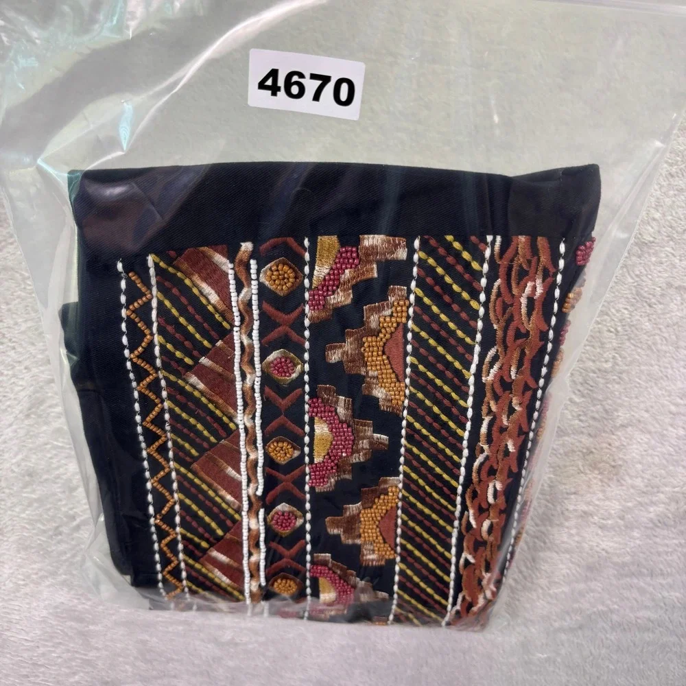 H&M Women Mini Skirt Size 10 Black Multicolor Beaded‎ Embroidered Geometric Boho